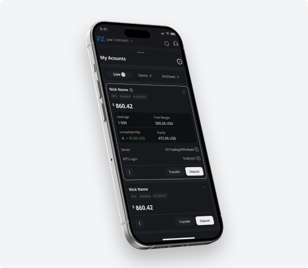 Smartphone showing the FXTRADING.com CFD trading platform app with live account balance, leverage, and margin details
