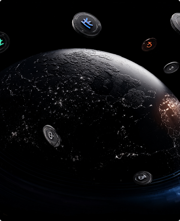 3D globe with floating currency and crypto coins representing global CFD trading markets